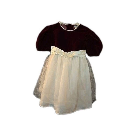 Vintage Burgundy & Cream Tulle Girls Dress By Piccolo Size 4T Toddler Maroon - Picture 1 of 7